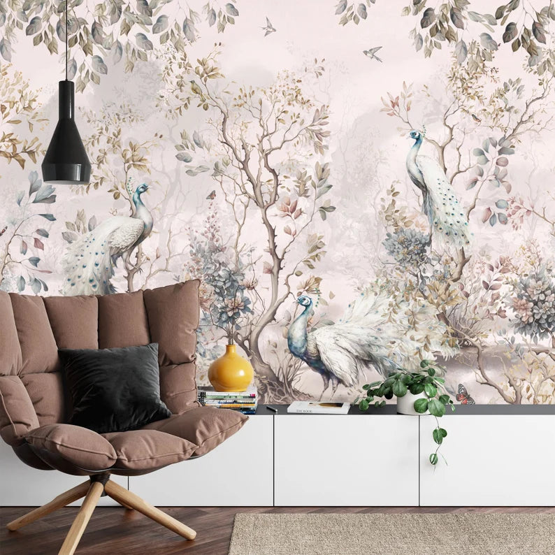 Chinoiserie Watercolor Peacock with Trees and Flowers Gift Art Print Photomural Wallpaper Mural Easy-Install