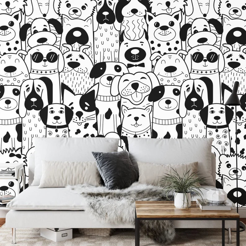 Doodle Dogs Wallpaper Mural, Black and White Art Print