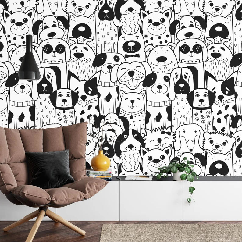 Doodle Dogs Wallpaper Mural, Black and White Art Print