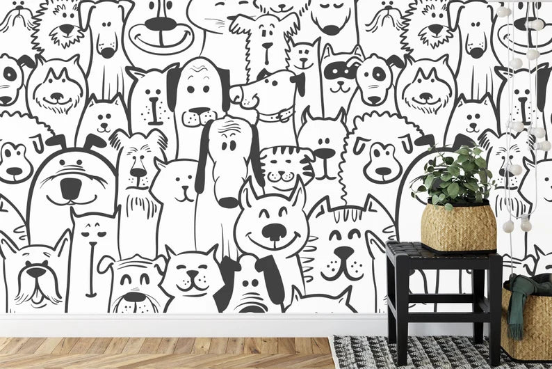 Black and White Doodle Dogs Wallpaper Mural