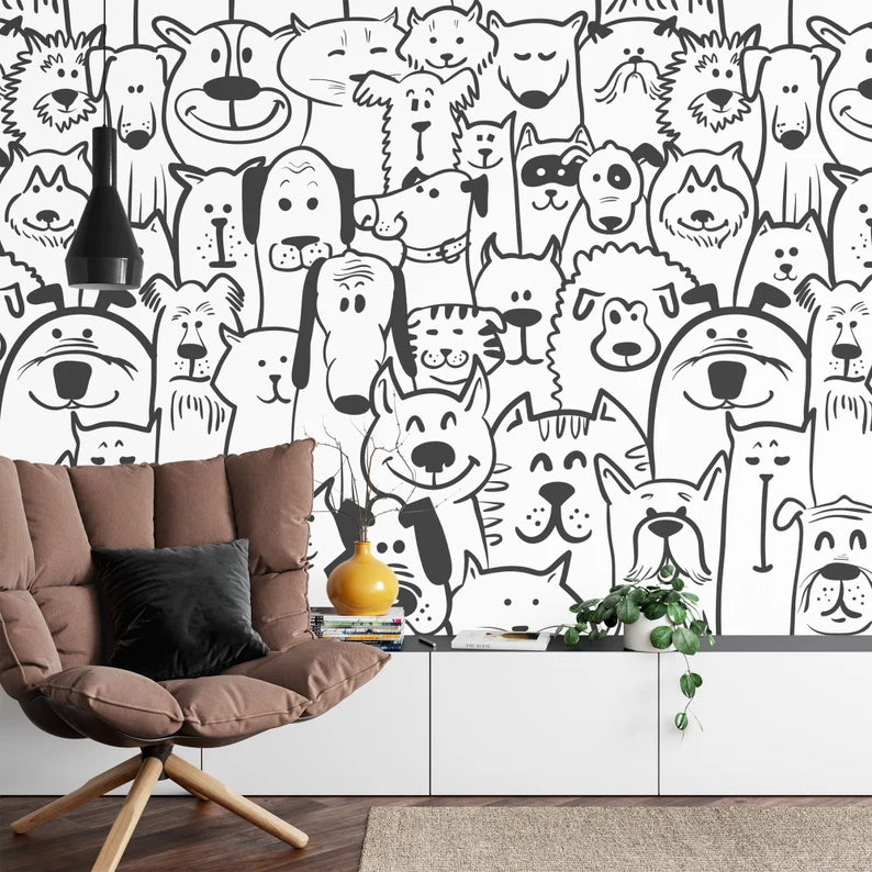 Black and White Doodle Dogs Wallpaper Mural