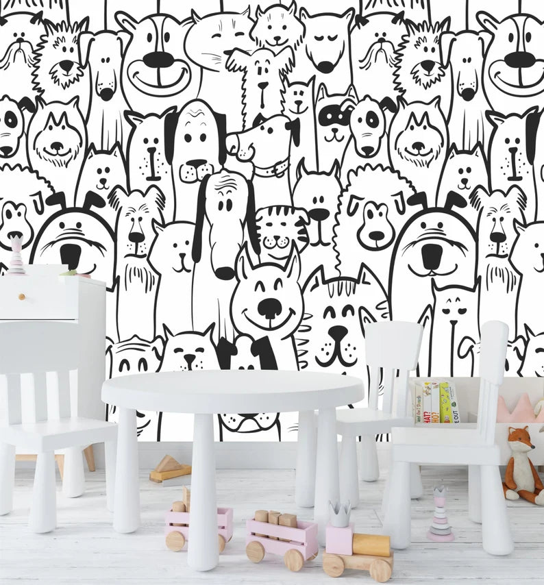 Black and White Doodle Dogs Wallpaper Mural