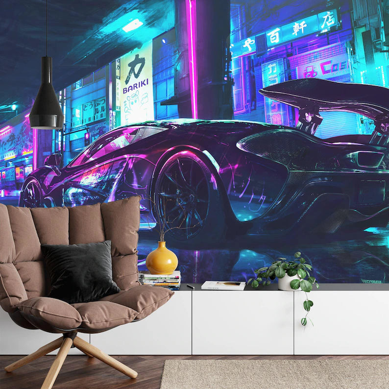 Cyberpunk Speed Car Wall Mural, Boys Room