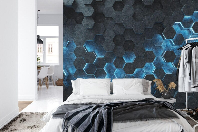 Wallpaper, Black Blue Hexagon 3D Wall Mural