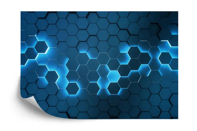 Blue Neon Hexagon Wallpaper Mural, 3D Gaming