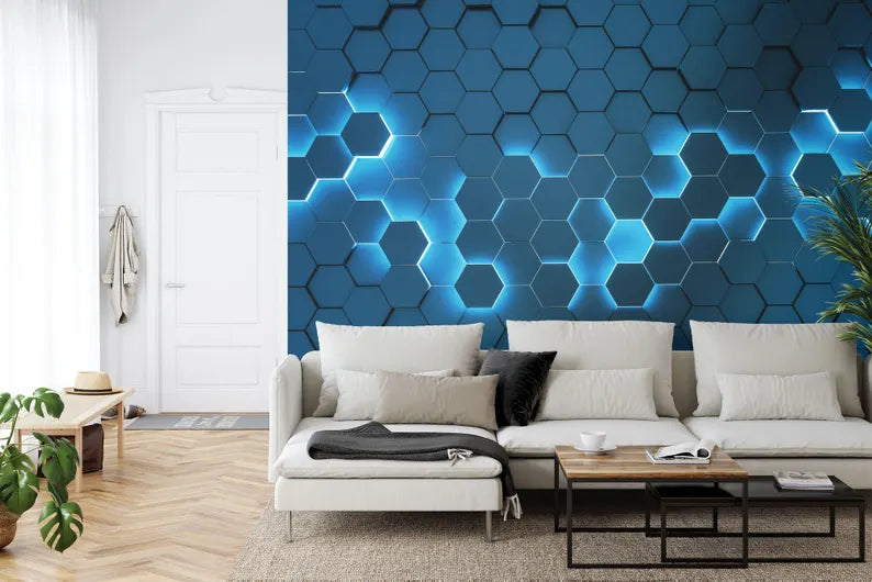 Blue Neon Hexagon Wallpaper Mural, 3D Gaming