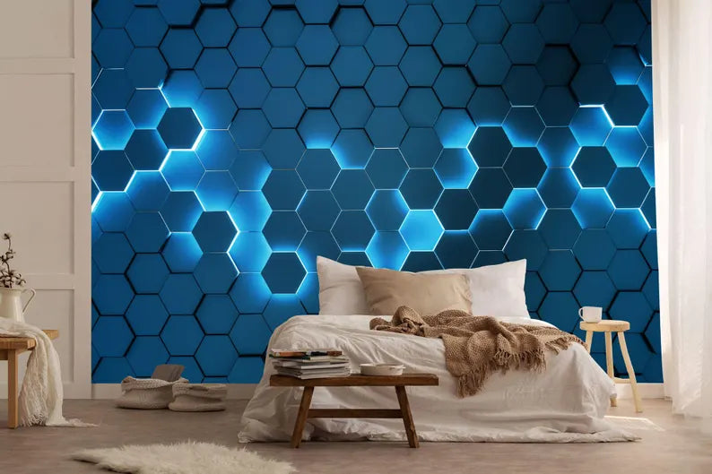 Blue Neon Hexagon Wallpaper Mural, 3D Gaming