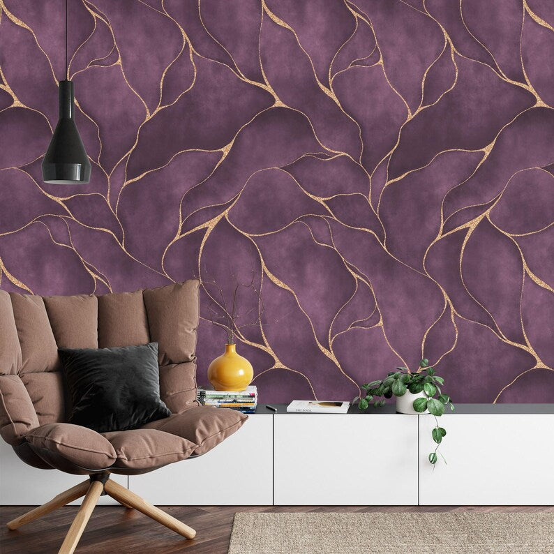 Purple Watercolor Wallpaper Mural, Gold Veins