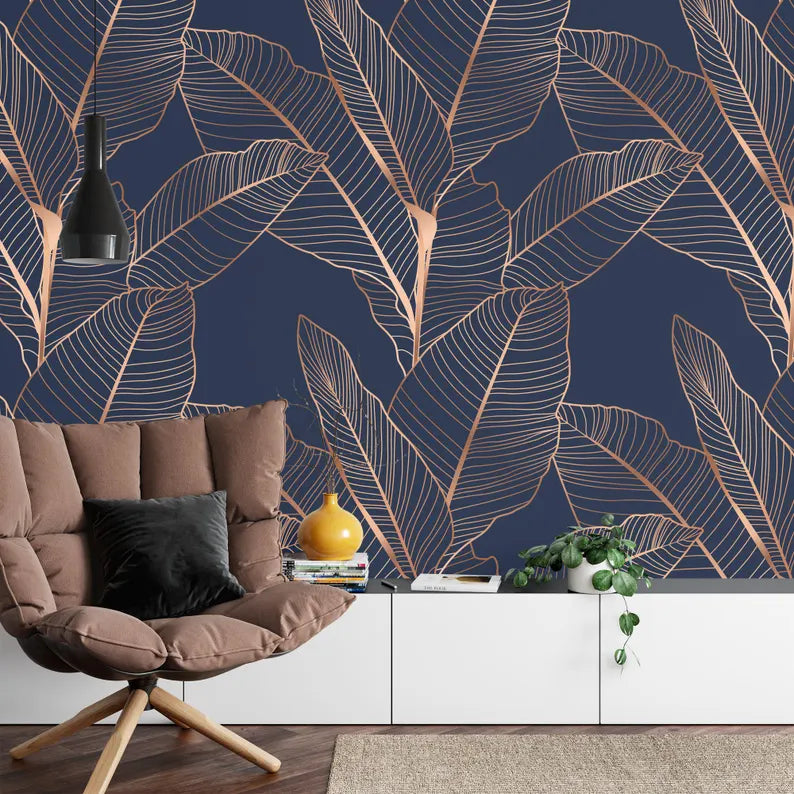 Navy Botanical Wallpaper Mural, Peel and Stick Wallpaper