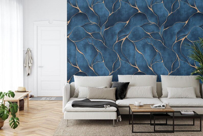 Modern, Blue Watercolor Lines Wallpaper Mural