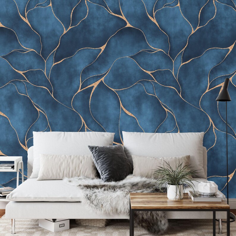 Modern, Blue Watercolor Lines Wallpaper Mural