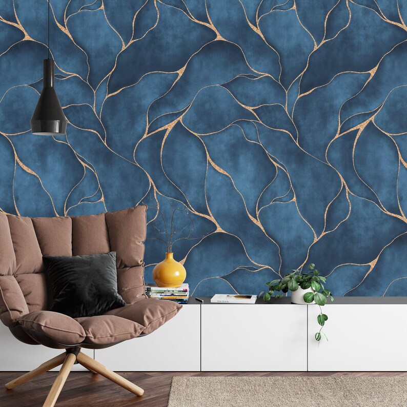 Modern, Blue Watercolor Lines Wallpaper Mural