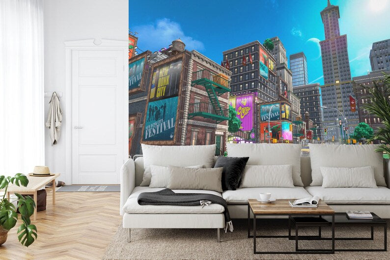 Cartoon Cityscape Wallpaper Mural, Kids Room Decor