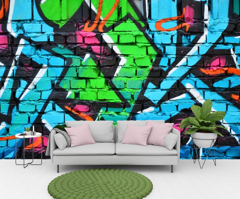 Graffiti Brick Wall Mural, Colorful Urban Art Wallpaper