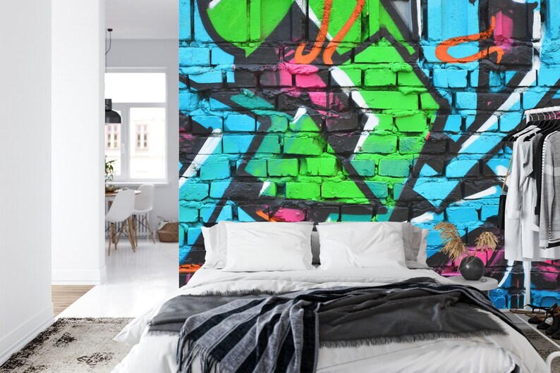 Graffiti Brick Wall Mural, Colorful Urban Art Wallpaper