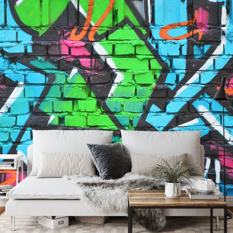 Graffiti Brick Wall Mural, Colorful Urban Art Wallpaper