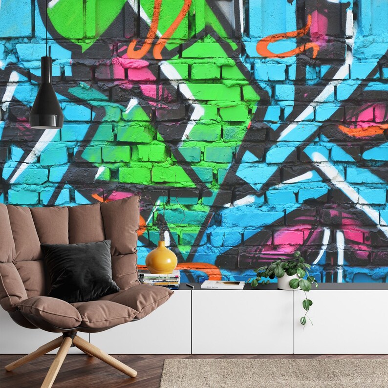 Graffiti Brick Wall Mural, Colorful Urban Art Wallpaper