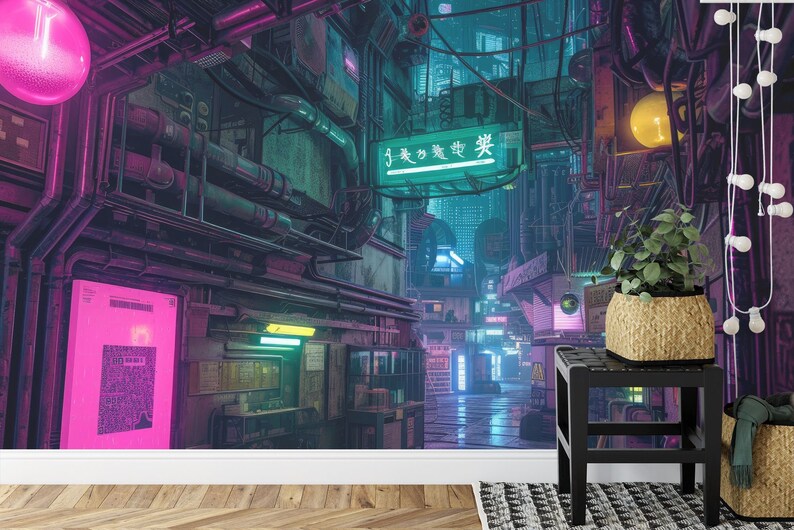 Futuristic neon city mural with glowing skyscrapers and cyberpunk aesthetic in pink and blue hues
