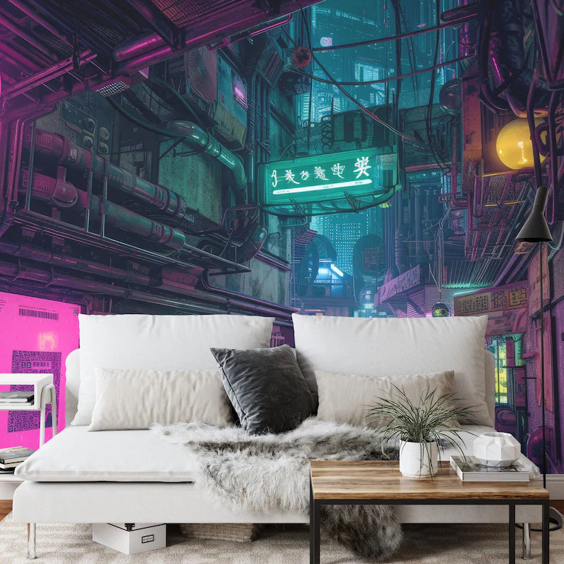 Neon-lit cyberpunk city wallpaper with towering buildings and futuristic urban landscape
