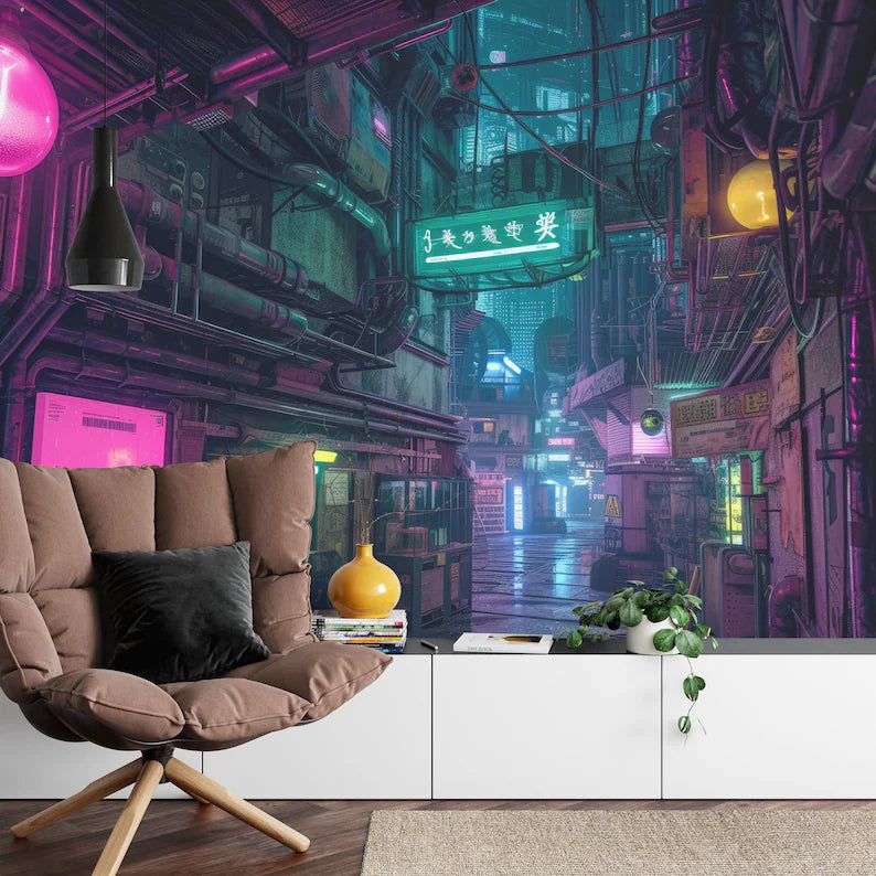 Cyberpunk-themed wall mural featuring neon cityscape with glowing architectural details

