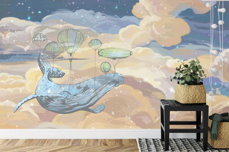 Starry Sky Whale Mural, Kids Nursery Wallpaper Gift