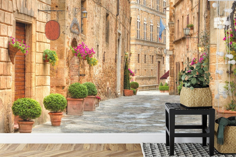 Tuscany Street Scene Wallpaper Mural, Pienza Italy
