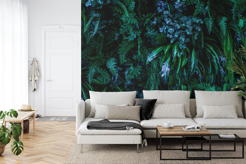 Mystic Jungle Wallpaper Mural: Dark Blue, Green Floral