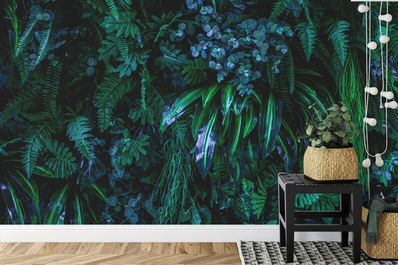 Mystic Jungle Wallpaper Mural: Dark Blue, Green Floral