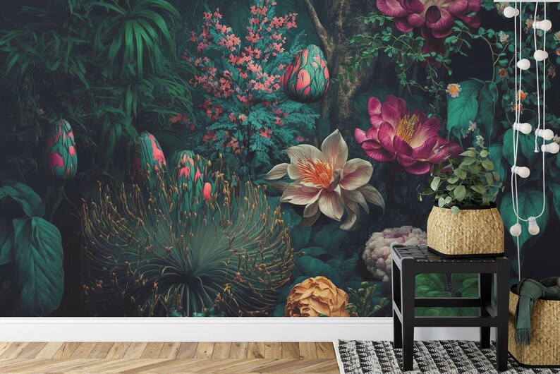 Dark Baroque Botanical Mural, Vintage Jungle Wallpaper