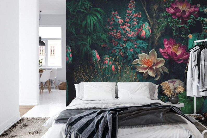 Dark Baroque Botanical Mural, Vintage Jungle Wallpaper