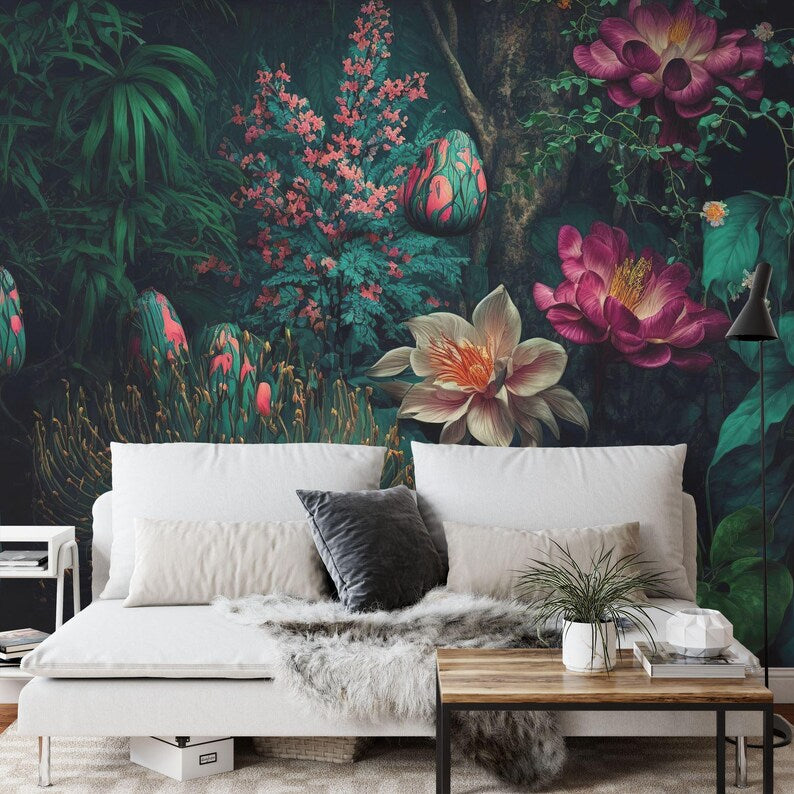 Dark Baroque Botanical Mural, Vintage Jungle Wallpaper