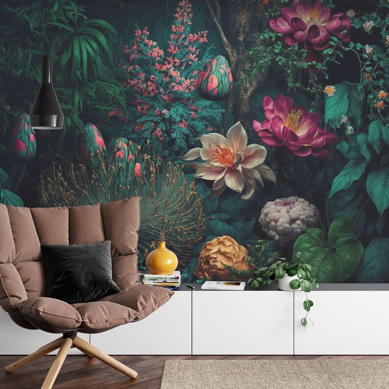 Dark Baroque Botanical Mural, Vintage Jungle Wallpaper