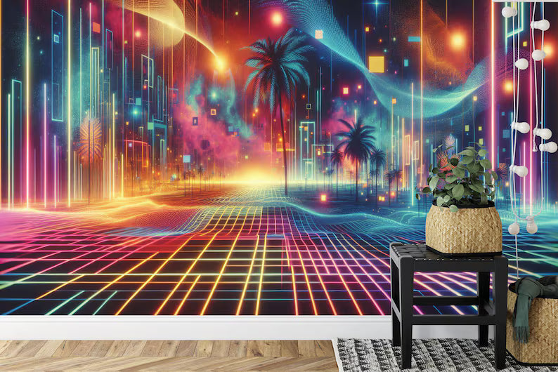 Neon Gaming Room Mural, 80s Vaporwave, Peel and Stick