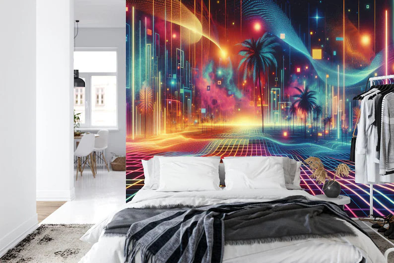 Neon Gaming Room Mural, 80s Vaporwave, Peel and Stick