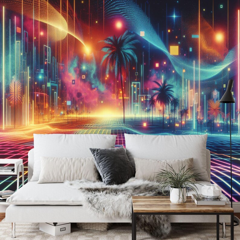 Neon Gaming Room Mural, 80s Vaporwave, Peel and Stick