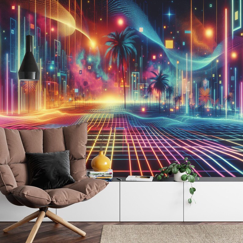 Neon Gaming Room Mural, 80s Vaporwave, Peel and Stick