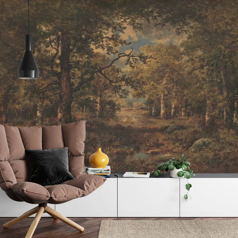 Gloomy Woodland Painting Wallpaper Mural