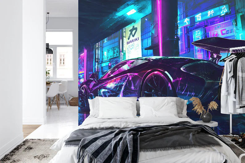 Cyberpunk Speed Car Wall Mural, Boys Room