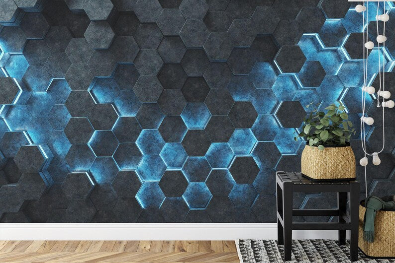 Wallpaper, Black Blue Hexagon 3D Wall Mural