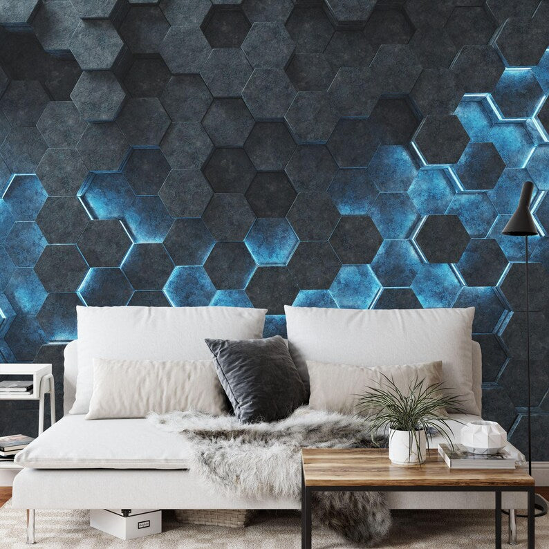 Wallpaper, Black Blue Hexagon 3D Wall Mural
