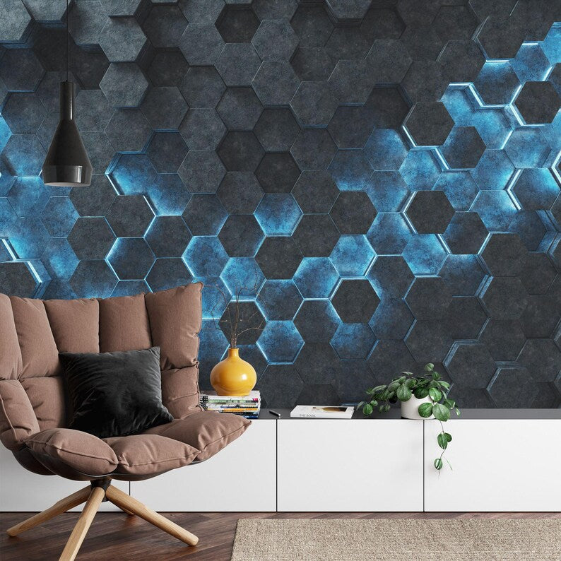 Wallpaper, Black Blue Hexagon 3D Wall Mural