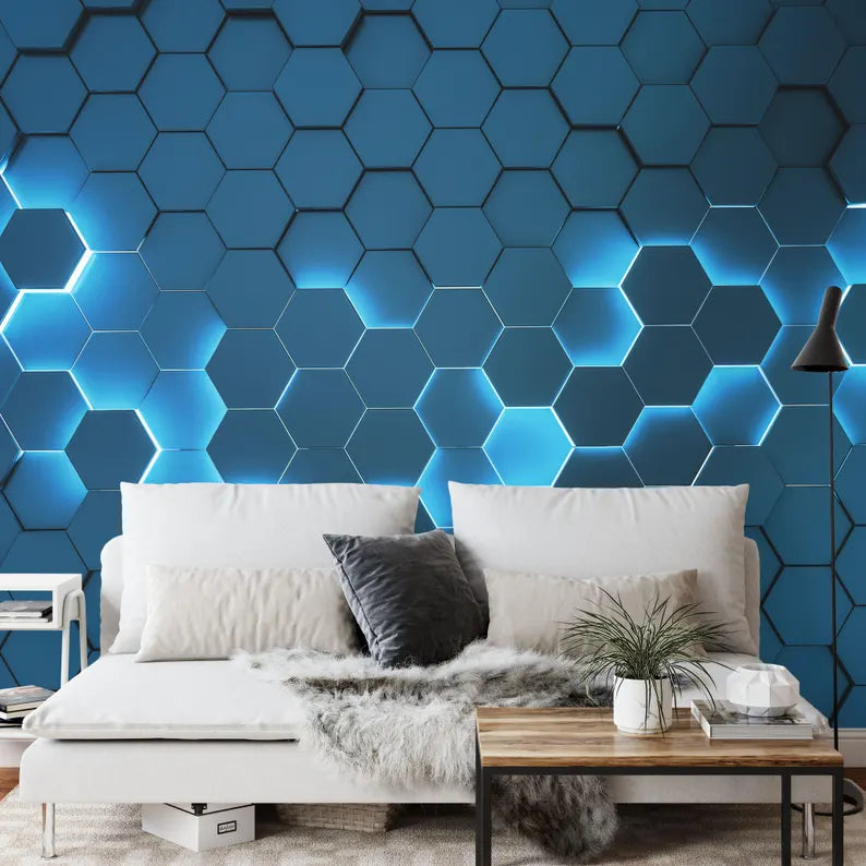 Blue Neon Hexagon Wallpaper Mural, 3D Gaming