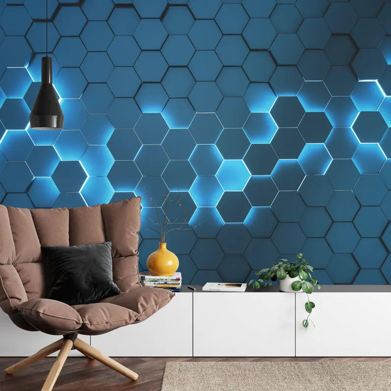 Blue Neon Hexagon Wallpaper Mural, 3D Gaming