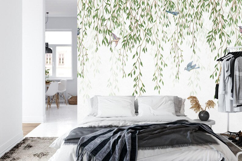 Tropical Leaves Birds Wallpaper Mural, White Background