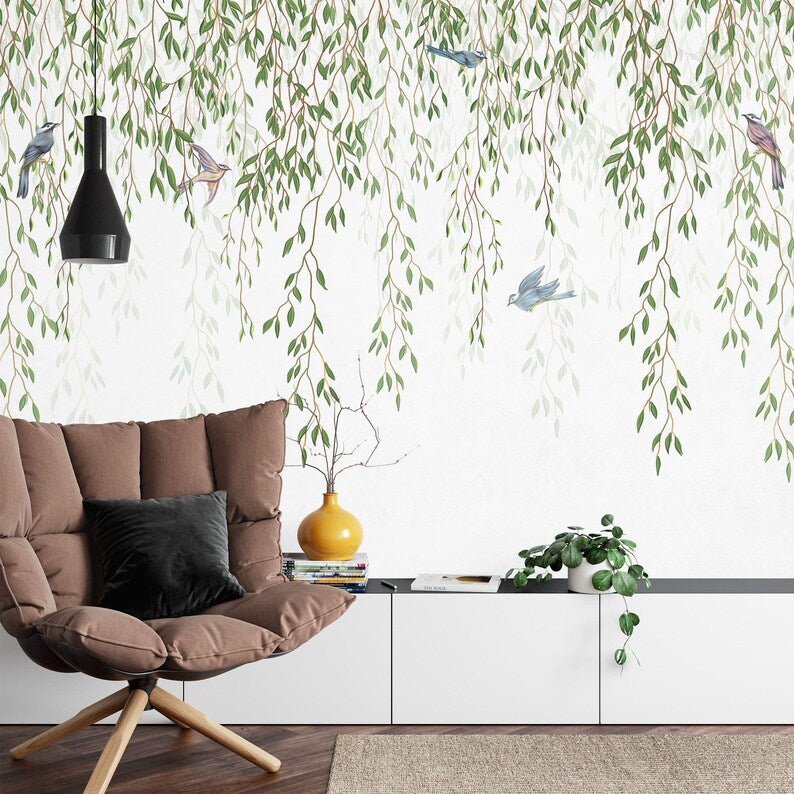 Tropical Leaves Birds Wallpaper Mural, White Background