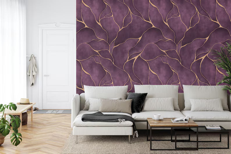 Purple Watercolor Wallpaper Mural, Gold Veins