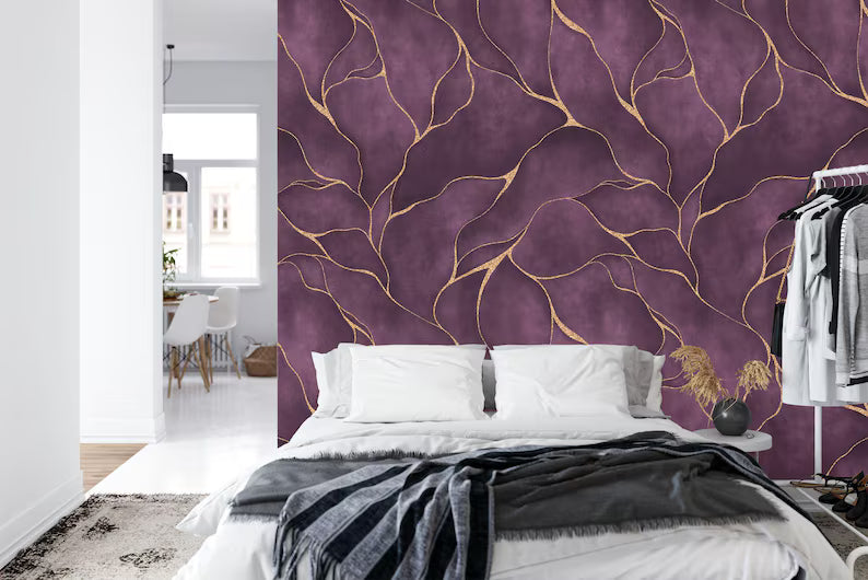 Purple Watercolor Wallpaper Mural, Gold Veins