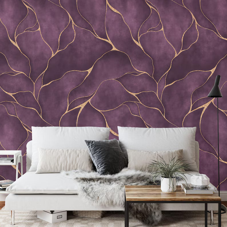 Purple Watercolor Wallpaper Mural, Gold Veins