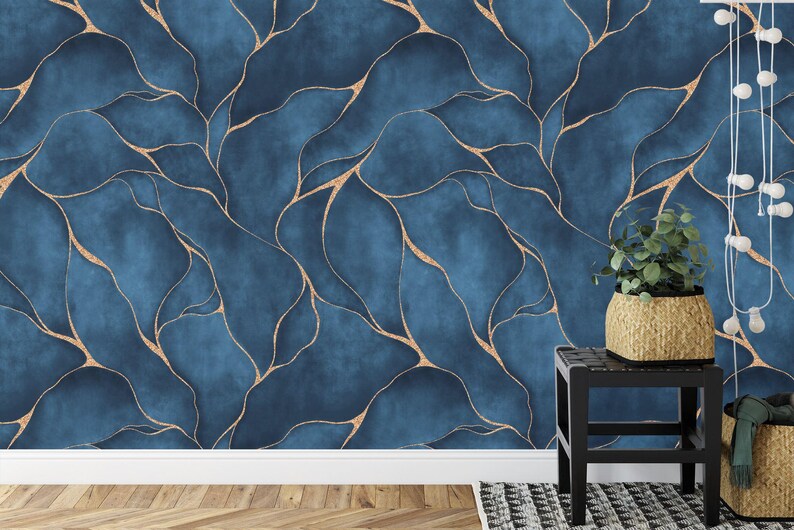 Modern, Blue Watercolor Lines Wallpaper Mural
