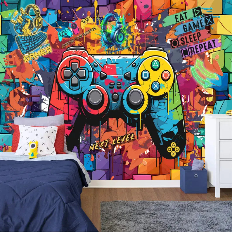Gaming Kids Room Wallpaper Mural, Game Controller Art Print